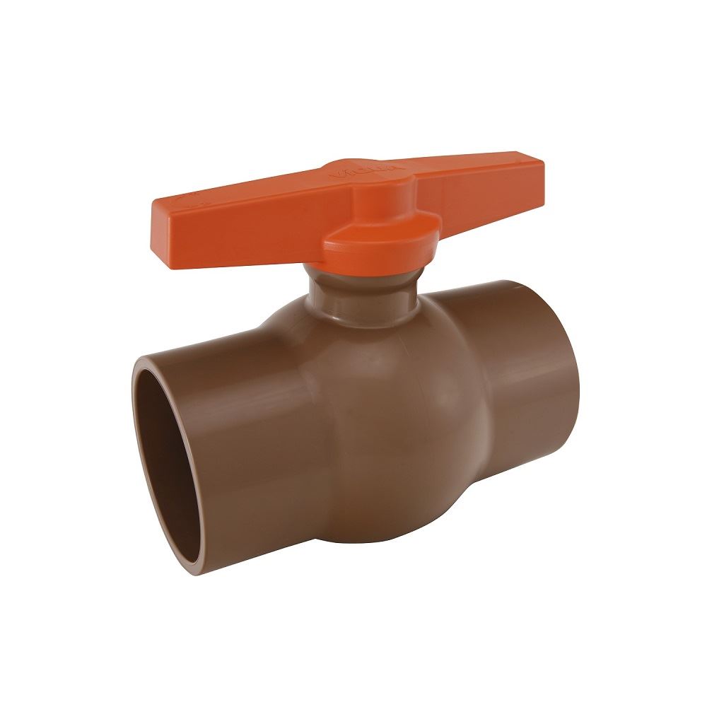 Registro de esfera em PVC branco com manopla (chave) de acionamento laranja, modelo roscável. Registro de esfera em PVC branco com manopla (chave) de acionamento laranja, modelo roscável.