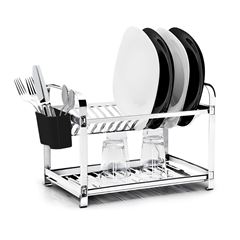 Escorredor em Inox para 16 Pratos com 2 Andares e Porta Talher Preto MAK INOX / REF. 20.16