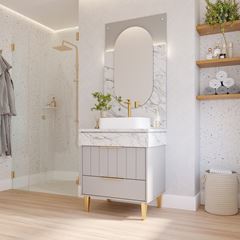 Gabinete para Banheiro MDF com Pés 70cm Riviera com Cuba Platina Calacata MGM / REF. 32456.66