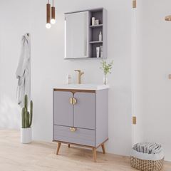 Gabinete para Banheiro MDF Suspenso ou Pés 60cm Trancoso com Cuba Platina Freijó MGM / REF. 32468.65