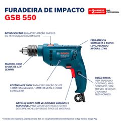 Furadeira de Impacto 550w220v 1/2 GSB550 Kit X-Line com 7 Brocas e Maleta BOSCH / REF. 0615A00115-000