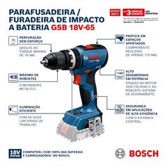 Furadeira e Parafusadeira de Impacto GSB 18V-65 com 2 Baterias e Maleta BOSCH / REF. 06019N31E5000