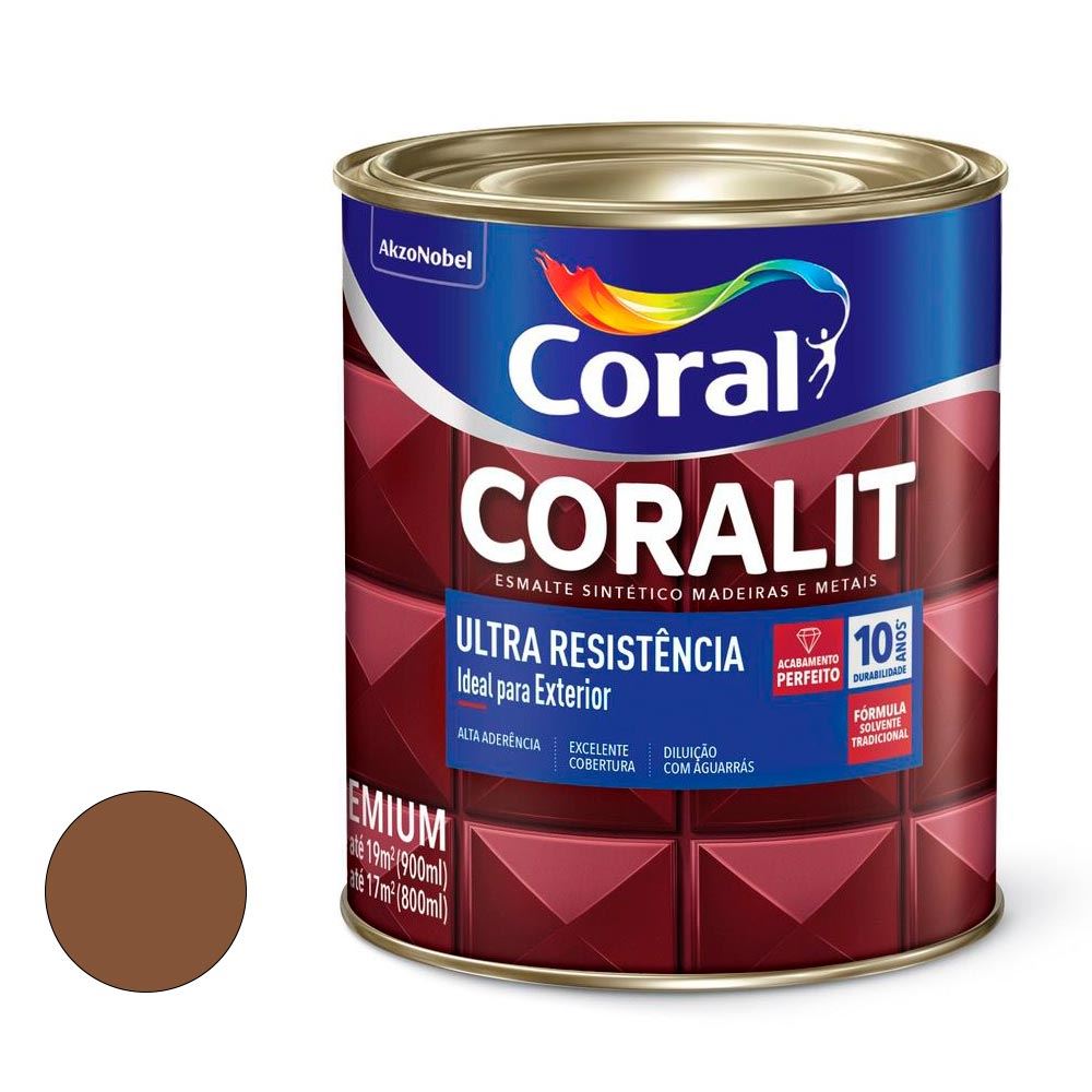 Tinta Esmalte Sintético Alto Brilho Coralit Ultra Resistência 900ML Marrom Conhaque CORAL/ REF. 5202761