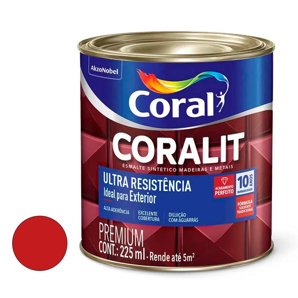 Tinta Esmalte Sintético Brilhante Coralit Ultra Resistência 225ML Vermelho CORAL/ REF. 5202715