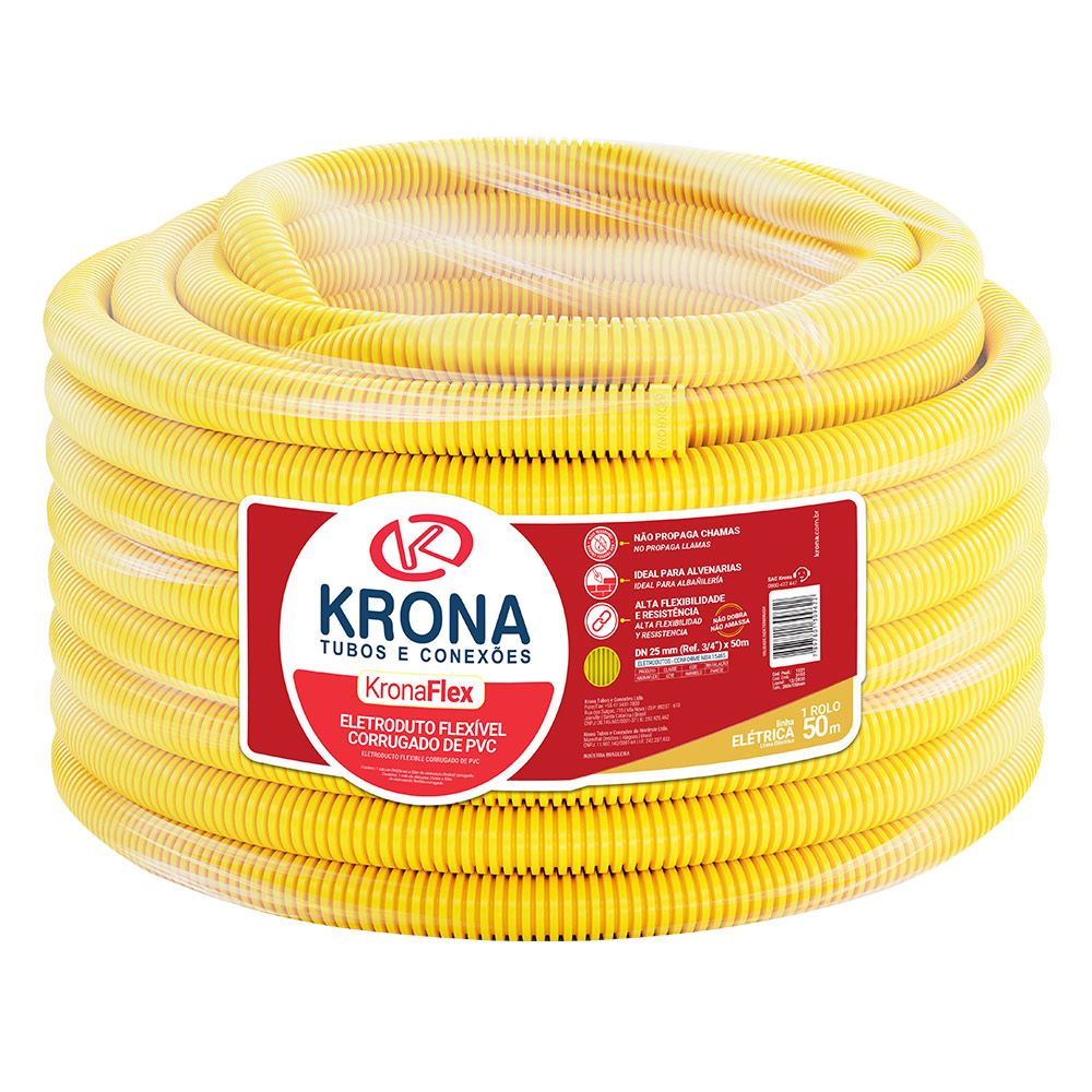 Eletroduto Corrugado PVC 25mm 50m Amarelo - Ref.1231 - KRONA