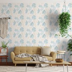 Papel de Parede Vinílico Tropical Metalizado Bege e Azul 9,5m BOBINEX / REF. 6935