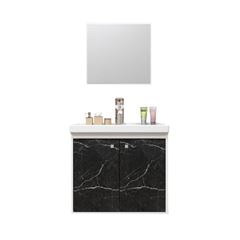 Gabinete Suspenso em MDF para Banheiro 47x54 com Cuba e Espelho Aster Mármore Preto CEROCHA / REF. 001.118.0004