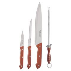 Kit de Facas e Chaira em Inox 4 Peças com Cabo de Plástico Marrom WESTERN / REF. 1394