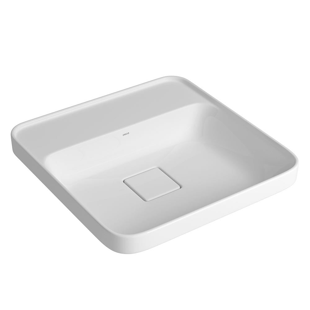 Cuba de sobrepor quadrada branca de 40 cm linha Slim da Deca, com bordas finas e mesa para torneira, embutida em bancada de banheiro. Cuba de sobrepor quadrada branca de 40 cm linha Slim da Deca, com bordas finas e mesa para torneira, embutida em bancada de banheiro.