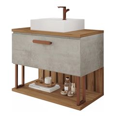 Gabinete para Banheiro MDF Suspenso 60cm Duna com  Cuba Cimento e Freijó MGM / REF. 22455.50