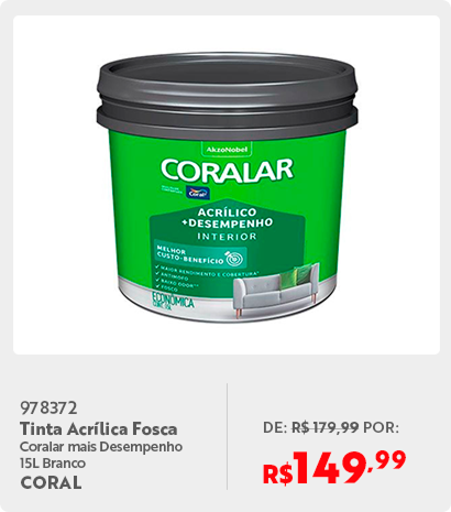 978372 Tinta Acrílica Fosca Coralar mais Desempenho 15L Branco CORAL